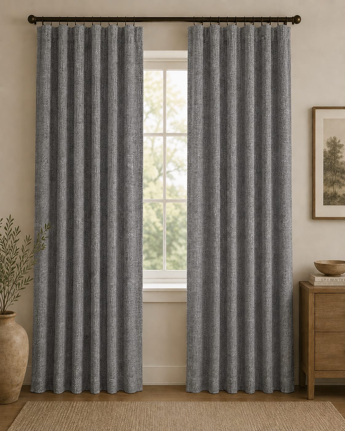 A pair of textured gray curtain panels hanging on a dark metal rod over a window in a styled room with a wooden side table, framed art, and a potted plant.